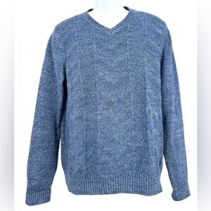 Nautica Men’s Large Denim Blue Heather 100% Cotton V-Neck Chevron Knit Sweater